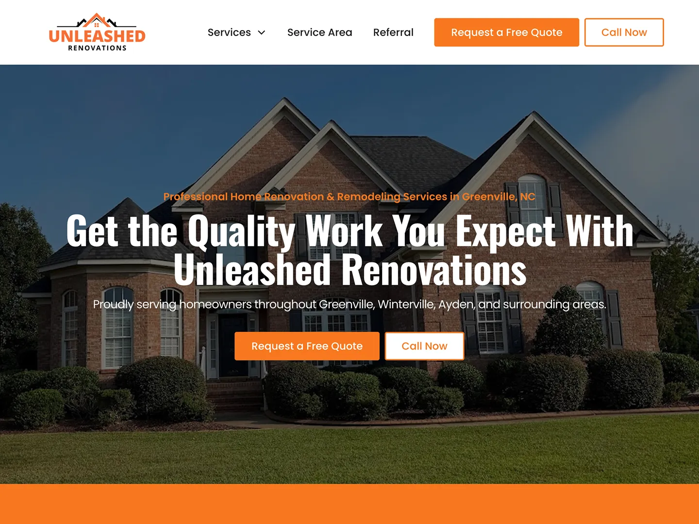 A web design portfolio item of the Unleashed Renovations website, designed and developed by Peartree Web Development