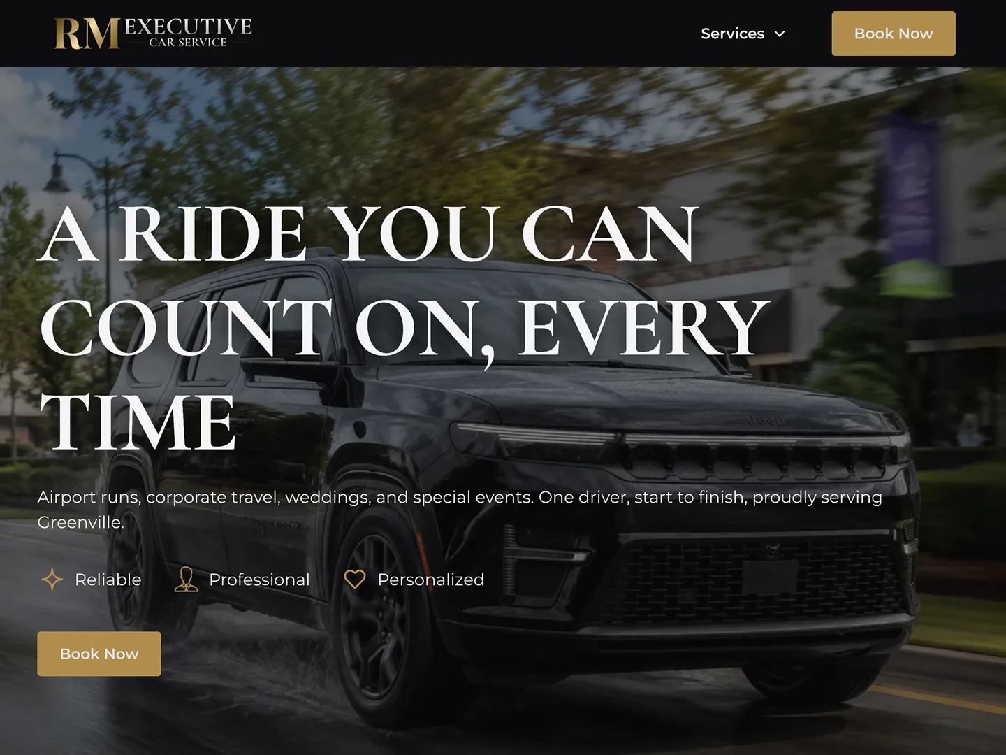 A web design portfolio item of the RM Executive Car Service website, designed and developed by Peartree Web Development