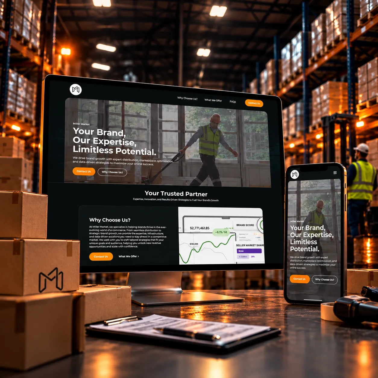 A mockup showing the website design of Miller Market LLC on a desktop and a mobile device.
