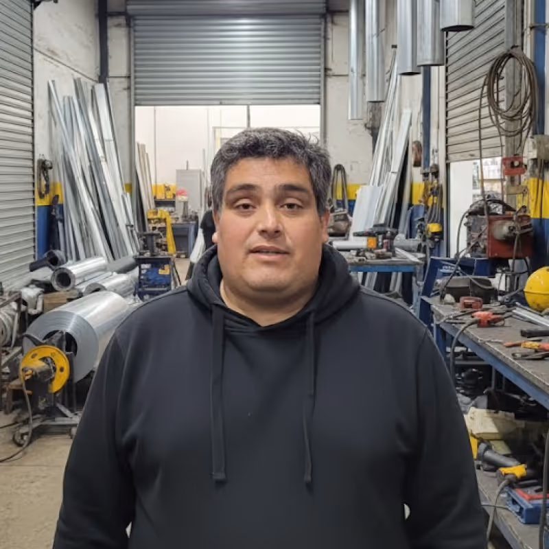 Hombre con sudadera negra en un taller con equipo y materiales metálicos alrededor.