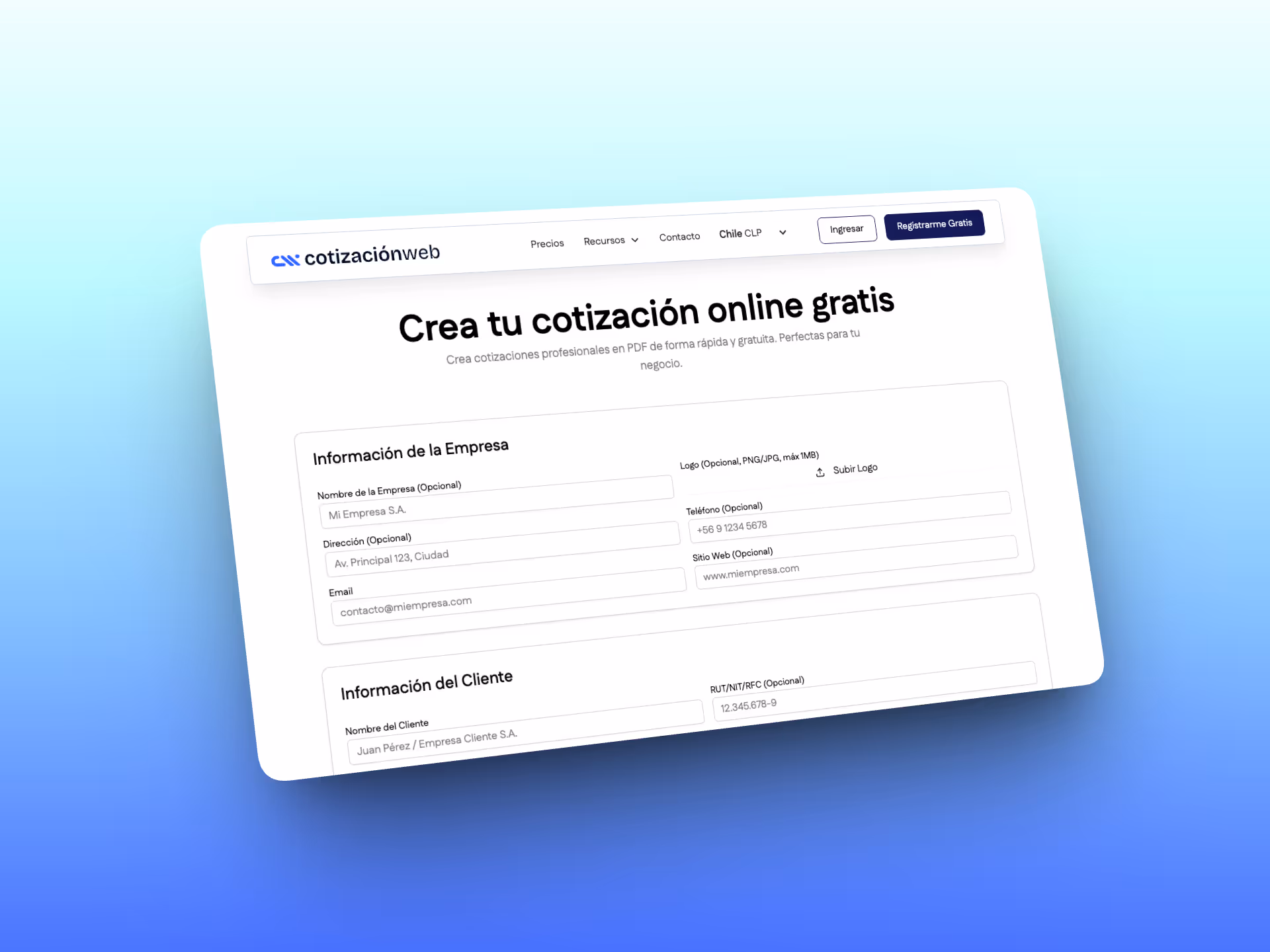 Página web en español para crear cotizaciones online gratis, mostrando formularios con información de empresa y cliente.