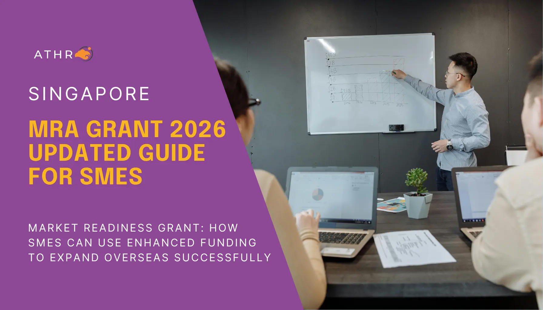 Business team in meeting reviewing growth strategy with presenter explaining charts on whiteboard, representing SME overseas expansion and MRA grant planning in Singapore