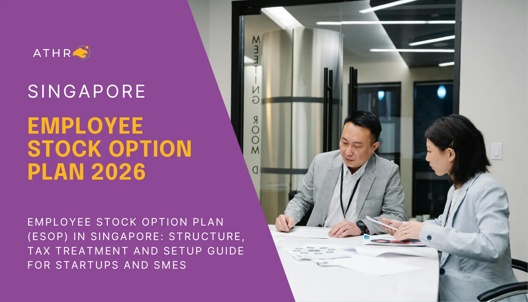 business professionals discussing employee stock option plan and equity structure in a Singapore company meeting