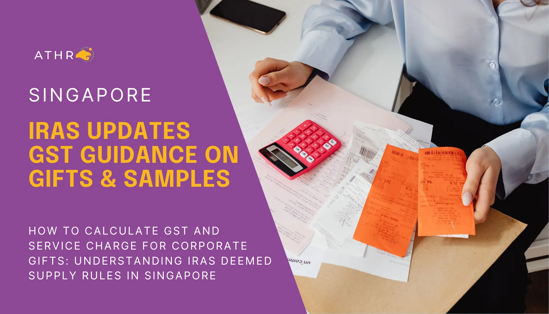Business owner reviewing GST records for gifts and samples, representing IRAS compliance and output tax calculation in Singapore