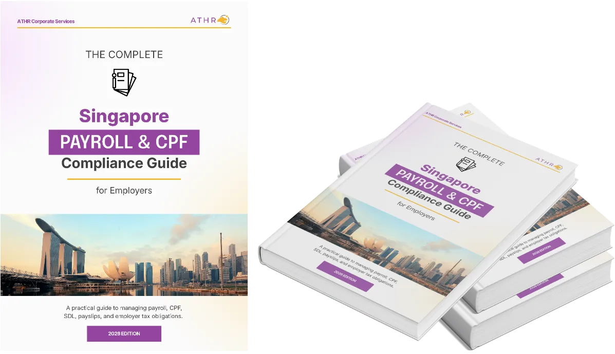 guide cover and stack of books showing ATHR's guide to CPF compliance in Singapore