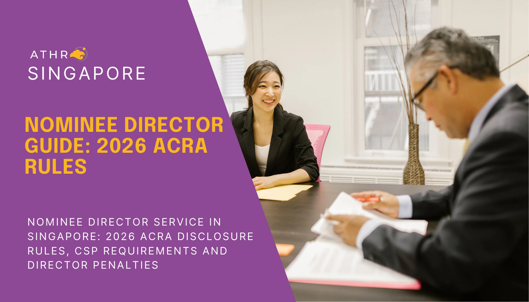 Female corporate services professional meeting with a senior nominee director to review Singapore company documents and ACRA compliance requirements.