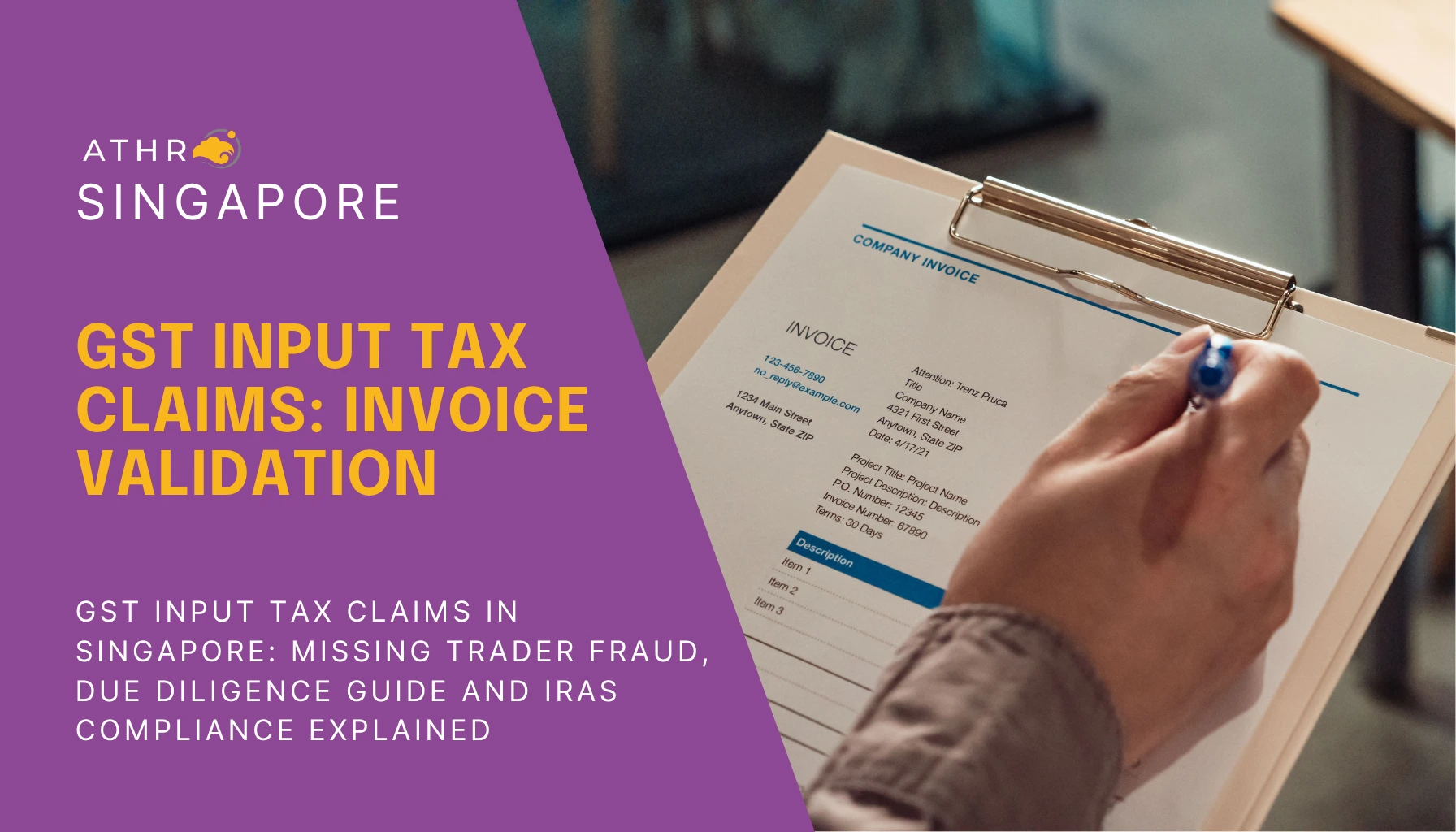 Finance professional reviewing GST invoices and supporting documents to verify input tax claims and supplier due diligence under IRAS rules.