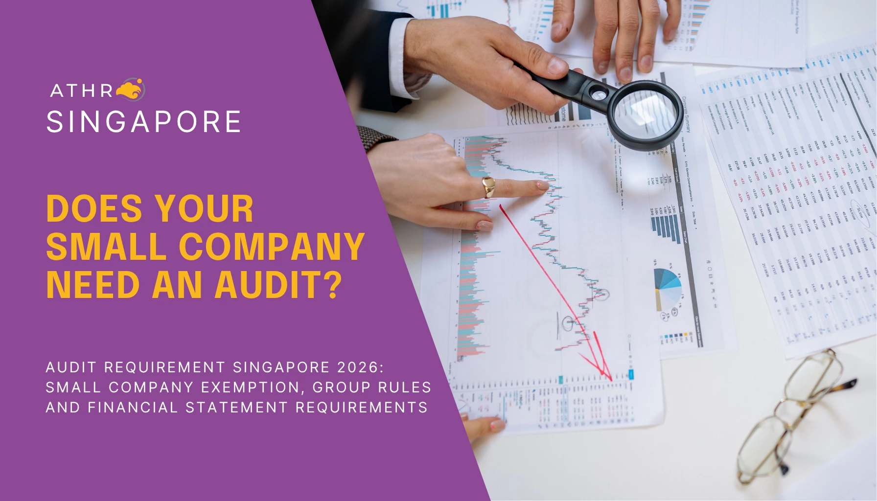 Accountants reviewing company financial statements and business records to assess statutory audit exemption eligibility in Singapore.