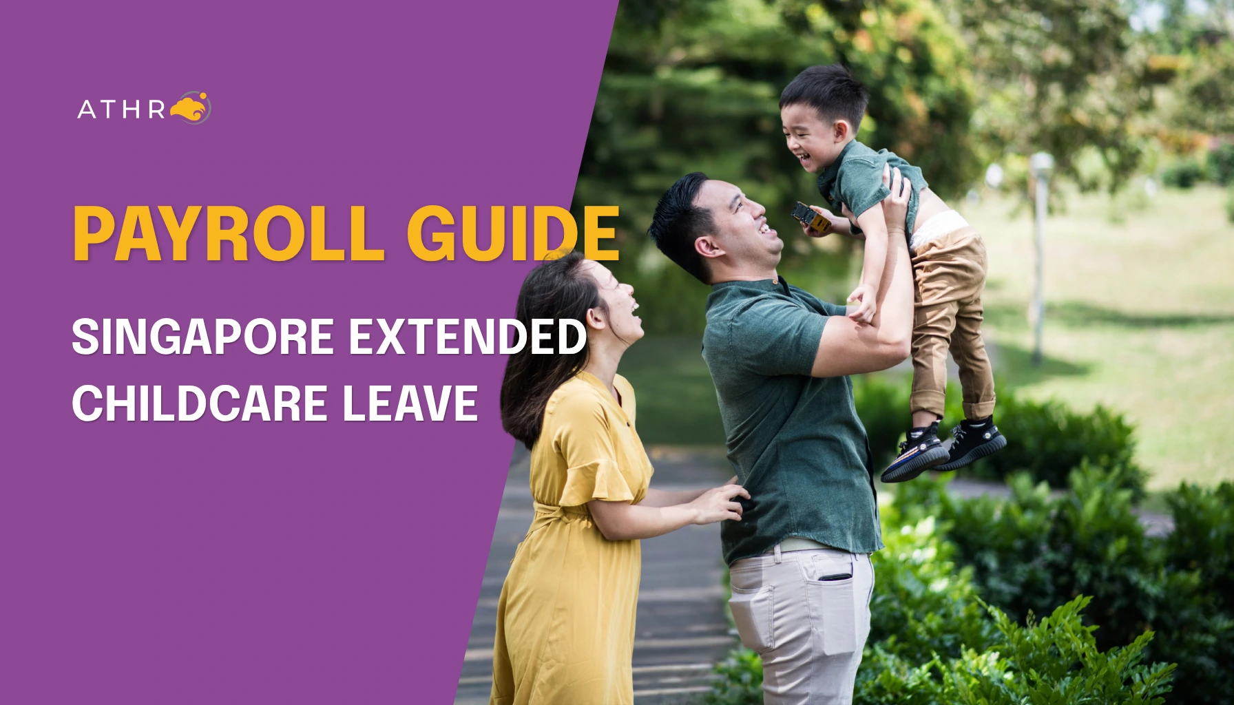 Singapore working parents bonding with their child in a lush park after applying for extended childcare leave.
