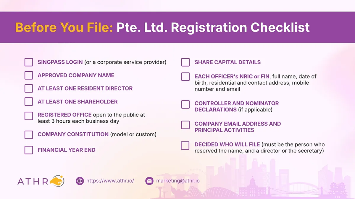 ATHR checklist for documents to prepare before registering a company in Singapore