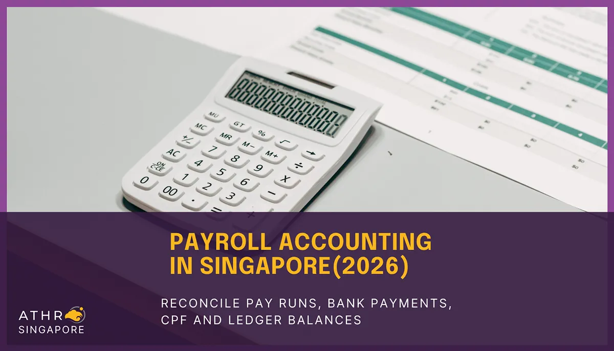 Close-up of a white calculator next to a financial spreadsheet for payroll accounting in Singapore.