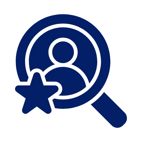 Blue magnifying glass icon focusing on a user silhouette with a star symbol on the lower left side.