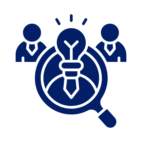 Icon with three businesspeople figures and a magnifying glass focusing on a light bulb in the center.