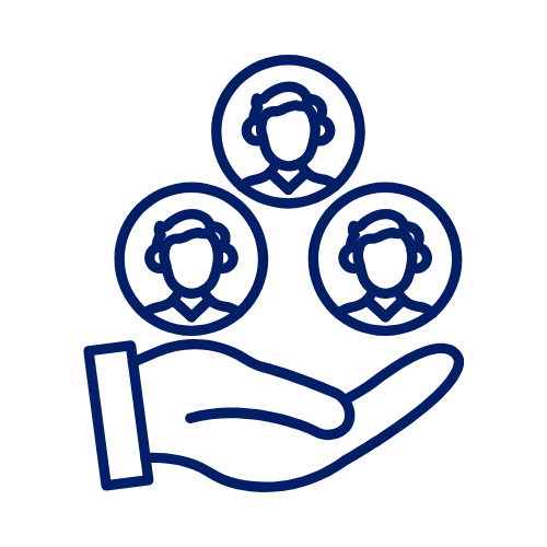 Illustration of an open hand holding three user profile icons representing people.