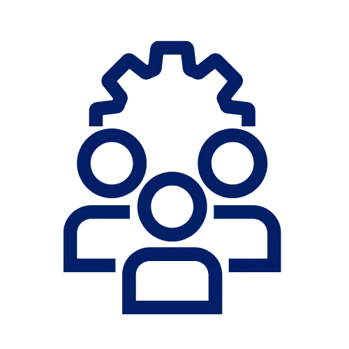 Icon of three people with a gear above representing teamwork and collaboration.