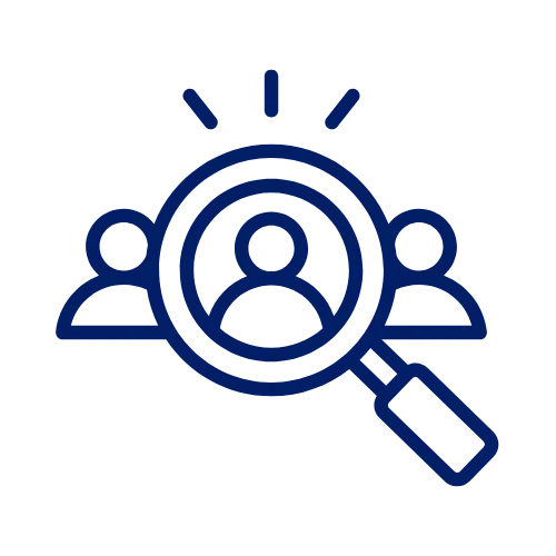 Icon of three people with a magnifying glass focusing on the central person, symbolizing user search or targeting.