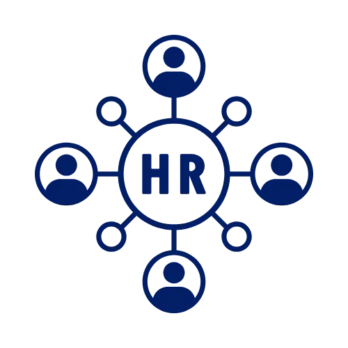 Diagram showing a central circle with 'HR' connected to four smaller circles containing user icons, representing human resources networking.