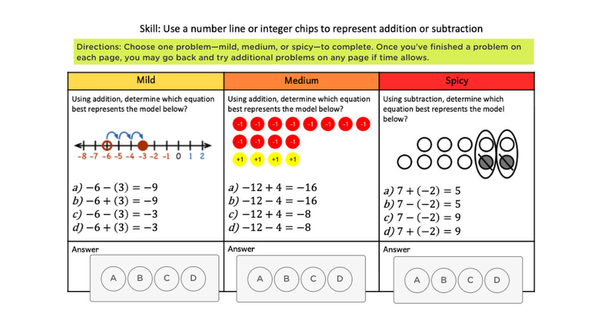 One Classkick assignment offered at three difficulty levels on a single page