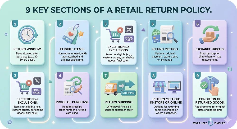 A checklist infographic showing the 9 key sections of a return policy in a vertical card layout, each with a small icon