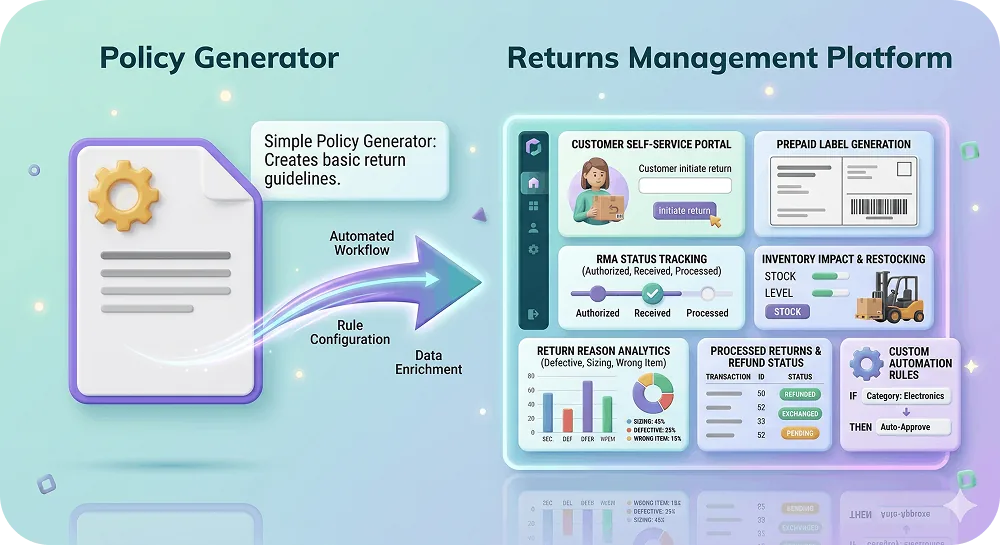 A comparison visual showing a simple document icon on the left ("Policy Generator") connected by an arrow to a full platform