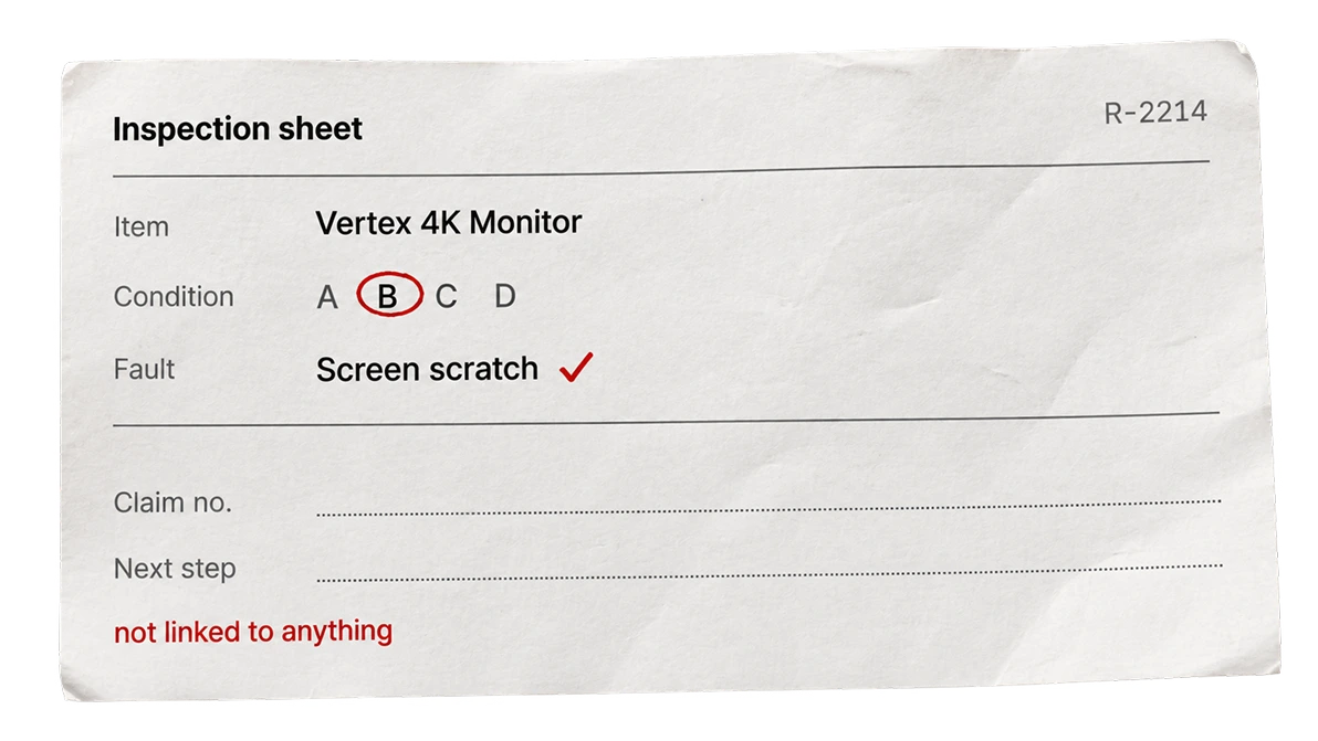 Inspection sheet filled in by hand, with the claim number and next step left blank