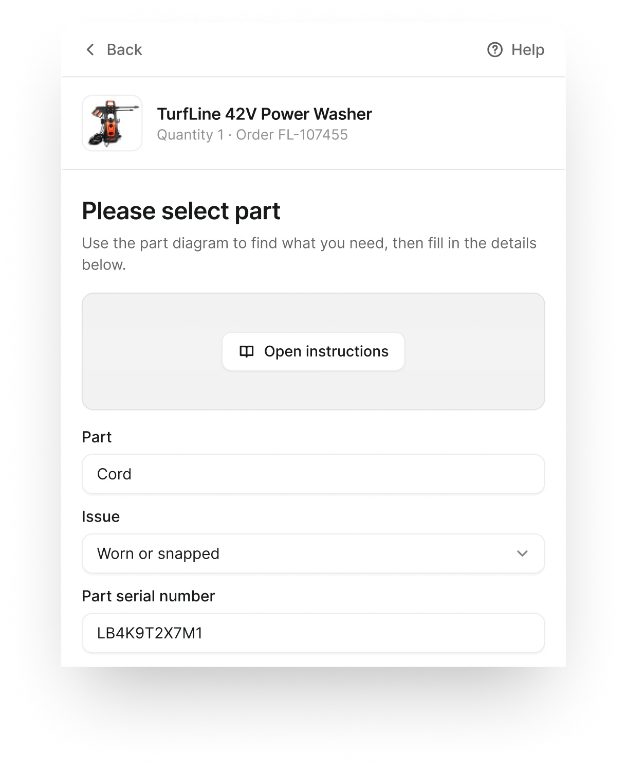 Self-service portal: select the spare part for a complex product