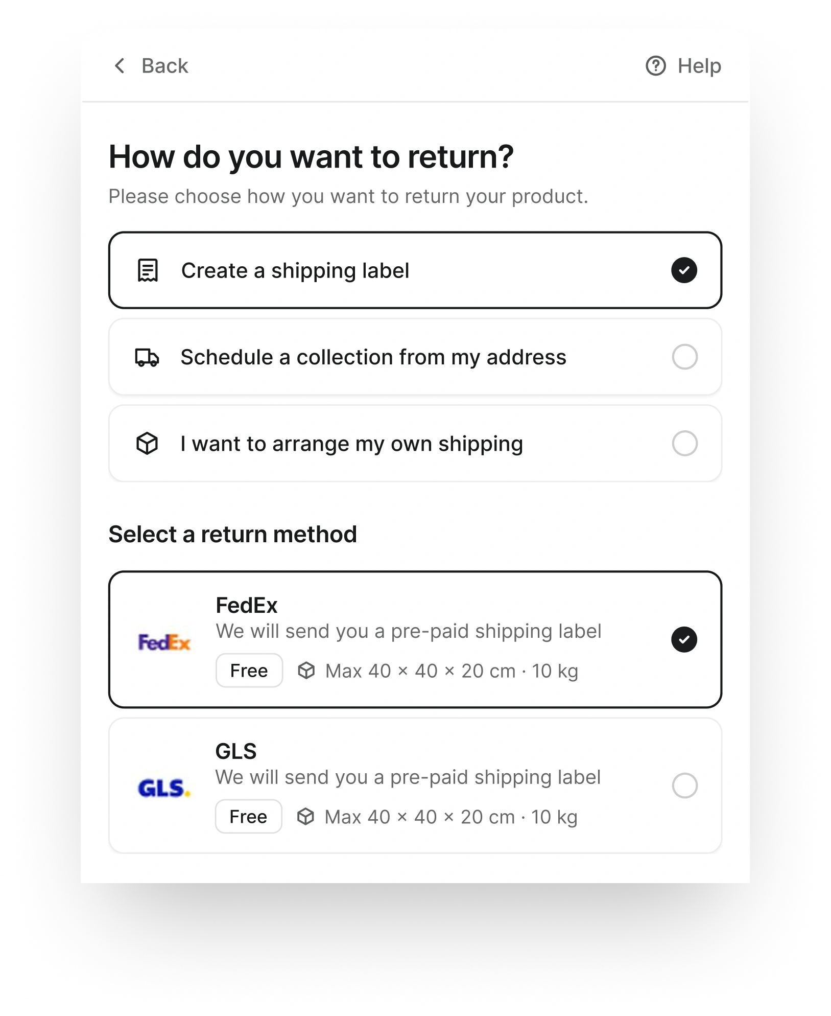 Self-service portal: choose how to return the product