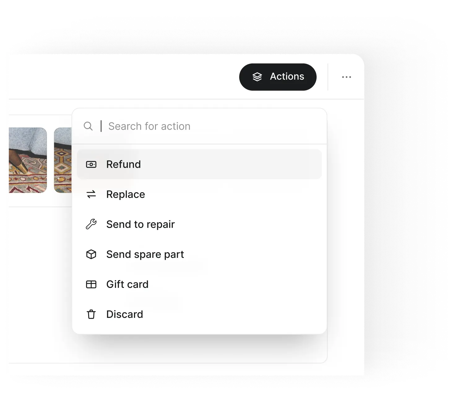 Claim view with a one-click actions menu: refund, replace, send to repair, send spare part