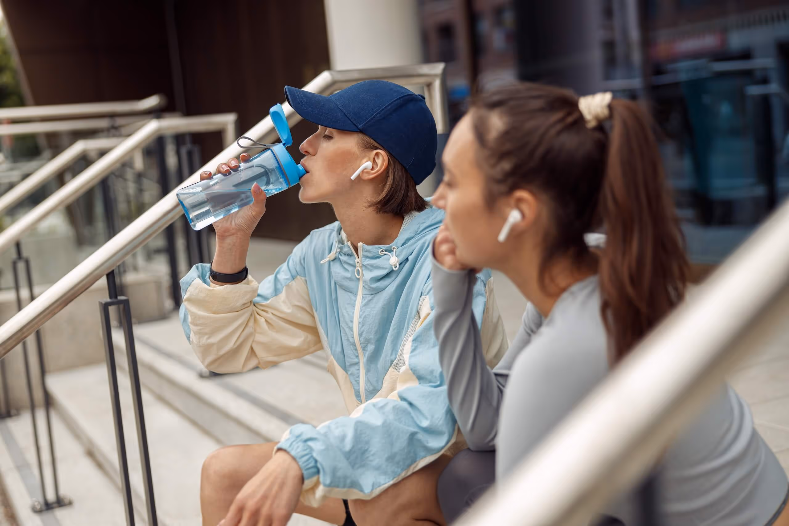 Twee sportieve vrouwen zitten buiten op trappen, een drinkt water uit een fles, beide dragen draadloze oordopjes.
