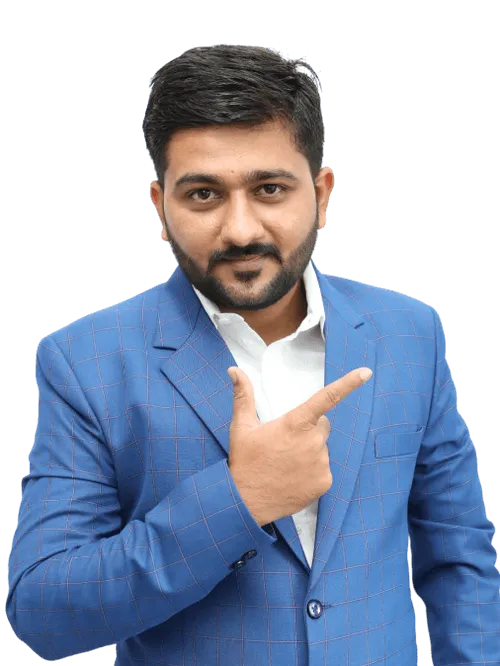 A man in a blue suit pointing at something.