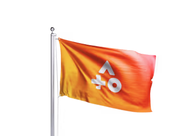 Orange-red flag with white stylized geometric symbols including a triangle, plus sign, and circle, waving on a silver flagpole.