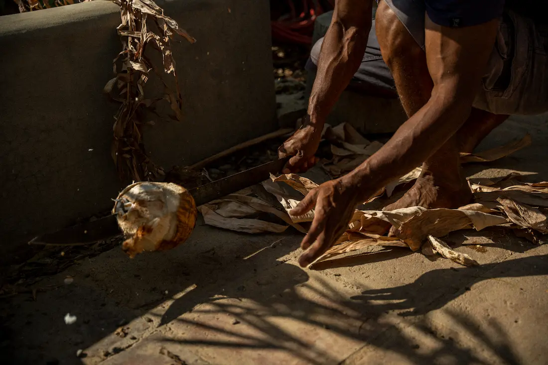 A man cutting a coconut with machete.