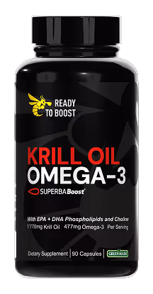Black bottle of Ready To Boost Krill Oil Omega-3 dietary supplement with 90 capsules.