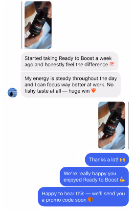 Screenshot of a text message conversation praising Ready to Boost supplement for increased energy and focus, accompanied by photos of the product bottle.