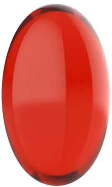 Shiny, smooth red oval capsule or pill with a reflective surface.