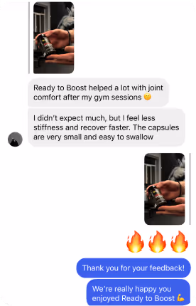 Screenshot of a text conversation praising Ready to Boost capsules for improving joint comfort, reducing stiffness, and faster recovery, with images of the capsules container.