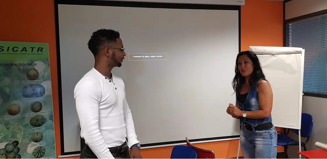 Deux personnes se tenant face à face dans une salle de réunion devant un écran de projection blanc et un tableau à feuilles mobiles.