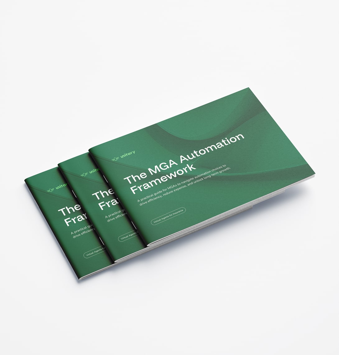 Stacked green booklets titled 'The MGA Automation Framework' with a subtitle about guiding MGAs to improve efficiency and growth.