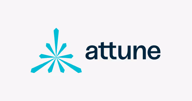 Attune logo with a stylized turquoise starburst symbol to the left of the word 'attune' in dark blue lowercase letters.