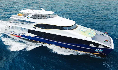 Luxury Cat Cocos high-speed ferry operated by Inter Island Boats Ltd, cruising between Seychelles islands Mahé, Praslin, and La Digue with SeyFerry.