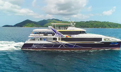 Modern Cat Cocos ferry cruising between Mahé, Praslin, and La Digue, showcasing SeyFerry’s premium inter-island transport service in Seychelles.