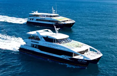 Two Cat Cocos high-speed ferries cruising between Seychelles islands, offering comfortable and scenic sea transfers via SeyFerry.