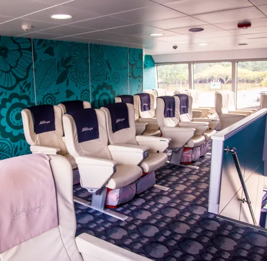 Interior of the Lazio Lounge business class cabin on a Cat Cocos ferry, featuring wide leather seats and floral wall design.