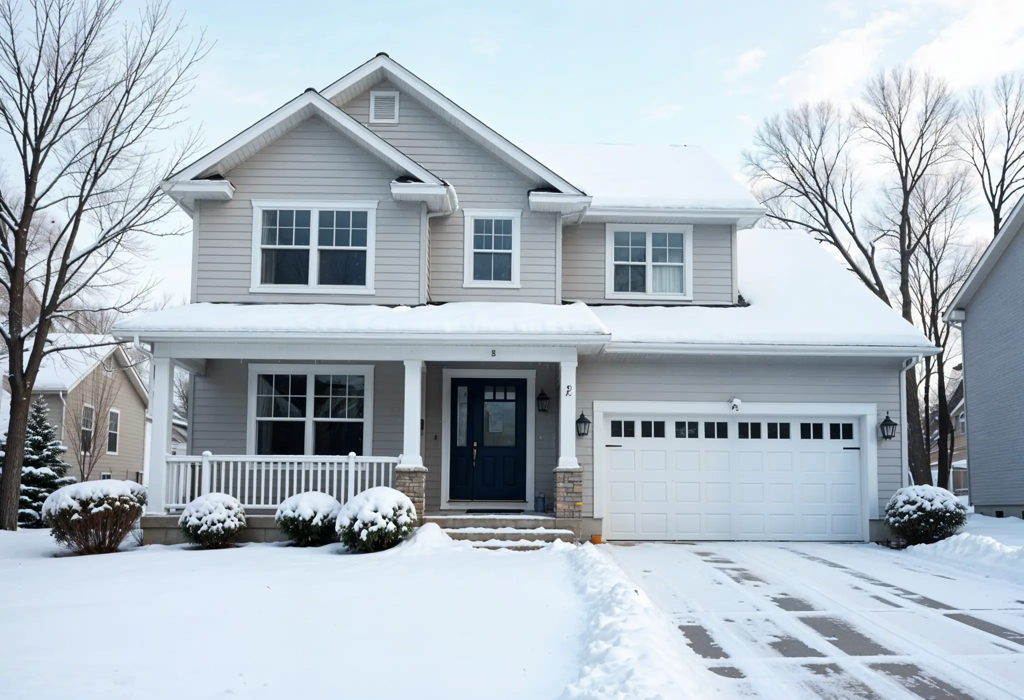 New home with insulated vinyl siding in winter landscape.
