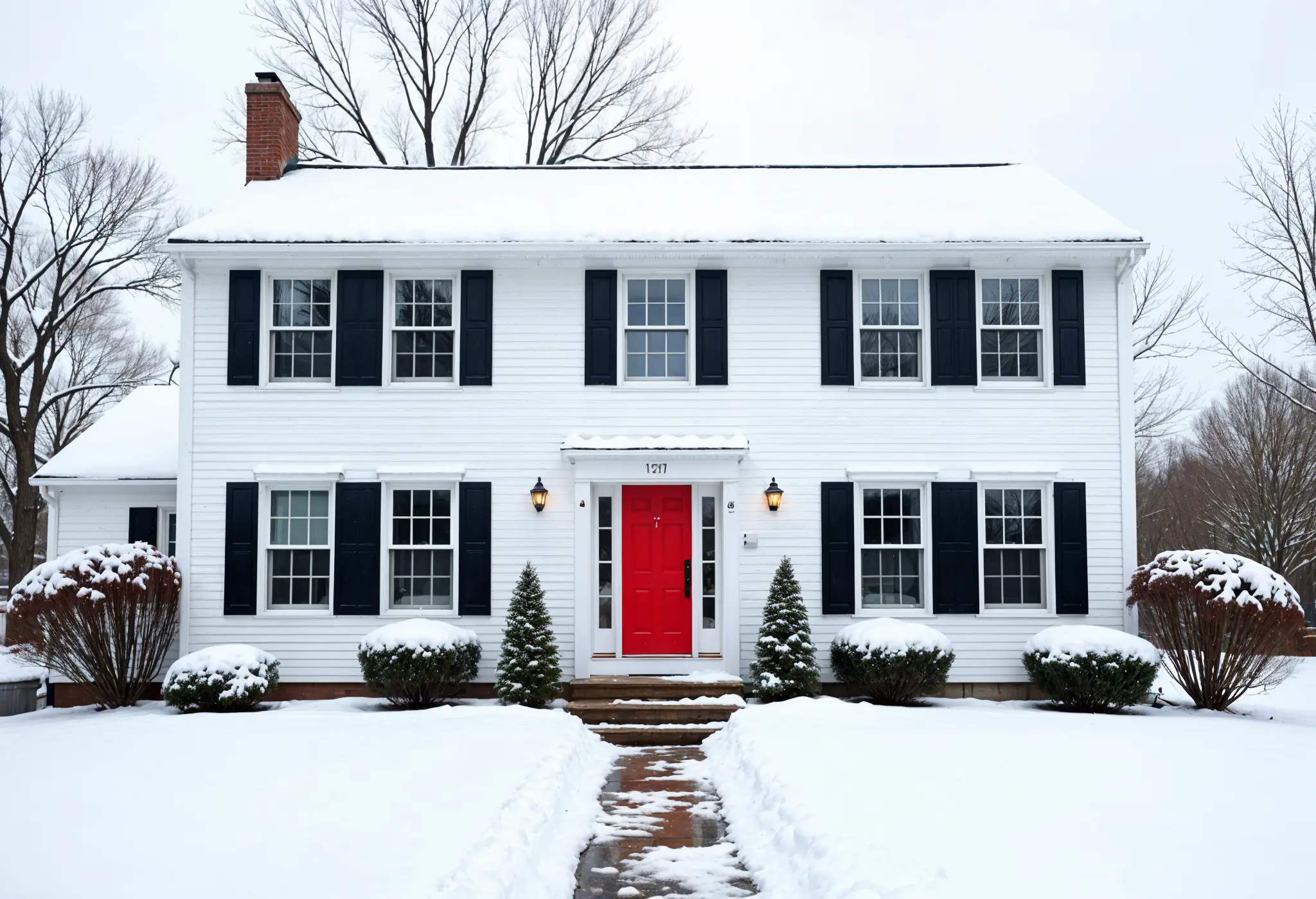 Snow-covered West Virginia colonial house with insulated vinyl siding.