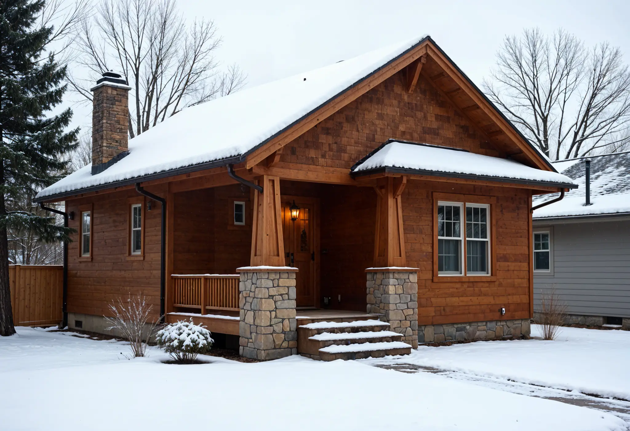 Craftsman home with cedar-style engineered wood siding and snow.