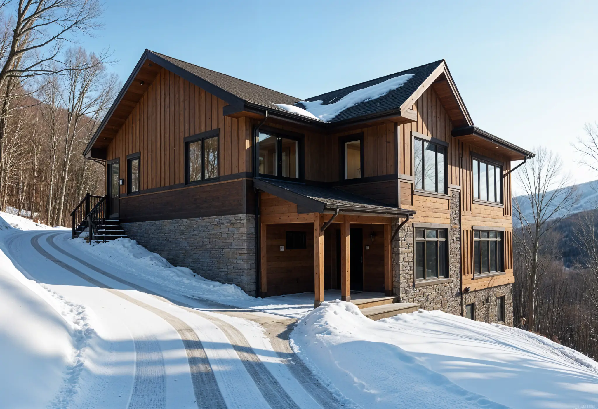 West Virginia home with wood and fiber cement siding in snow.