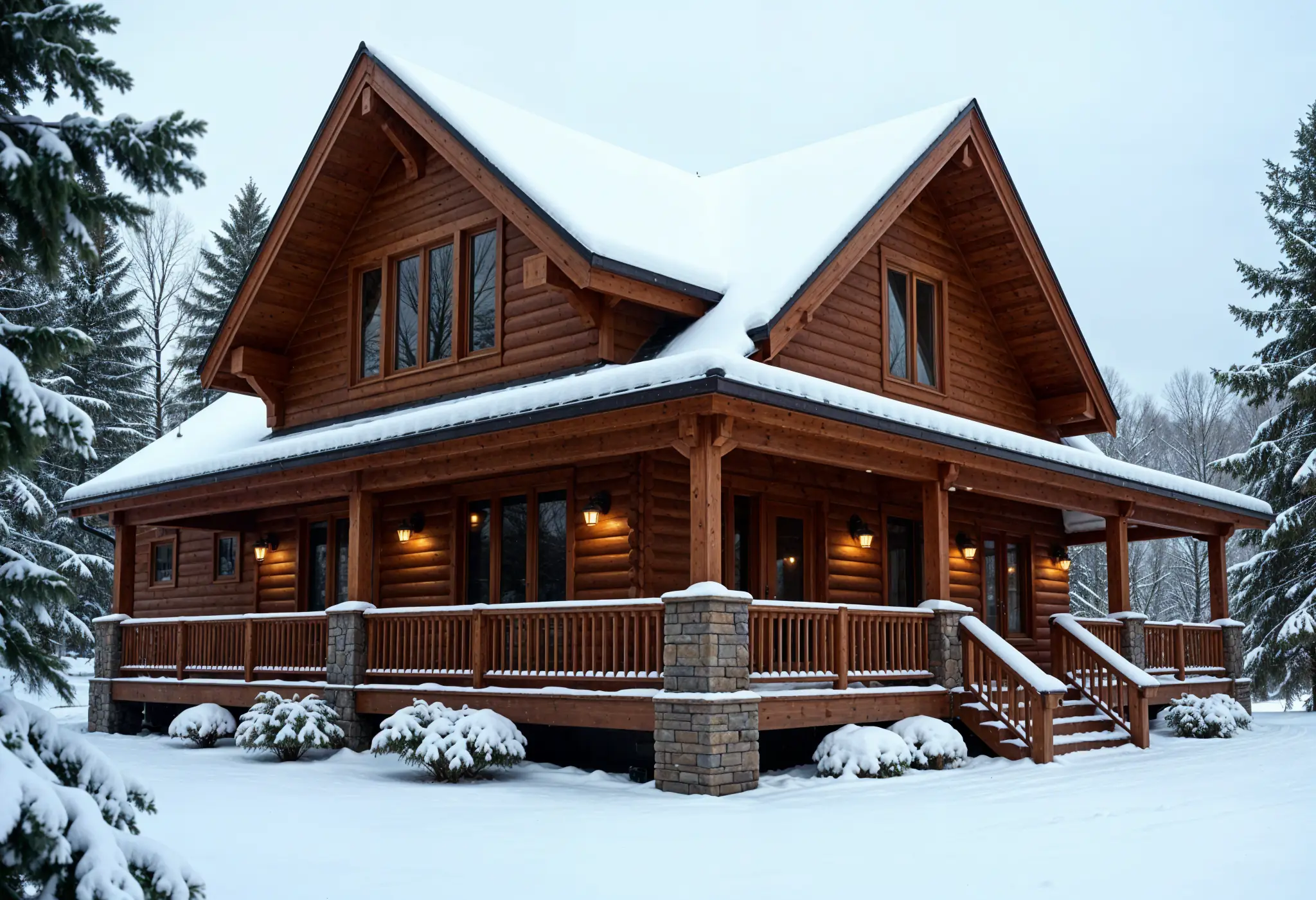 West Virginia cabin with insulated log-style vinyl siding in winter.