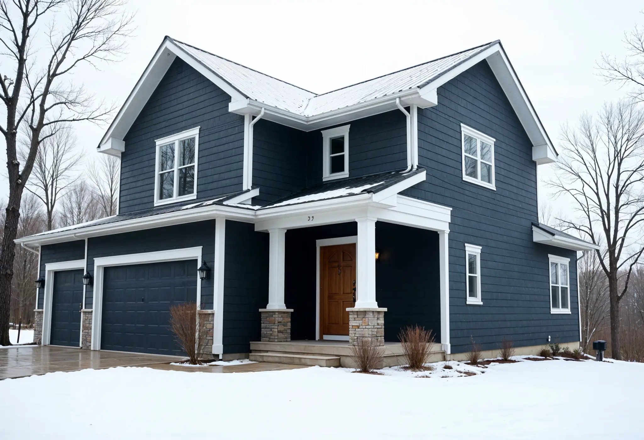 Two-story home in winter with charcoal fiber cement siding.
