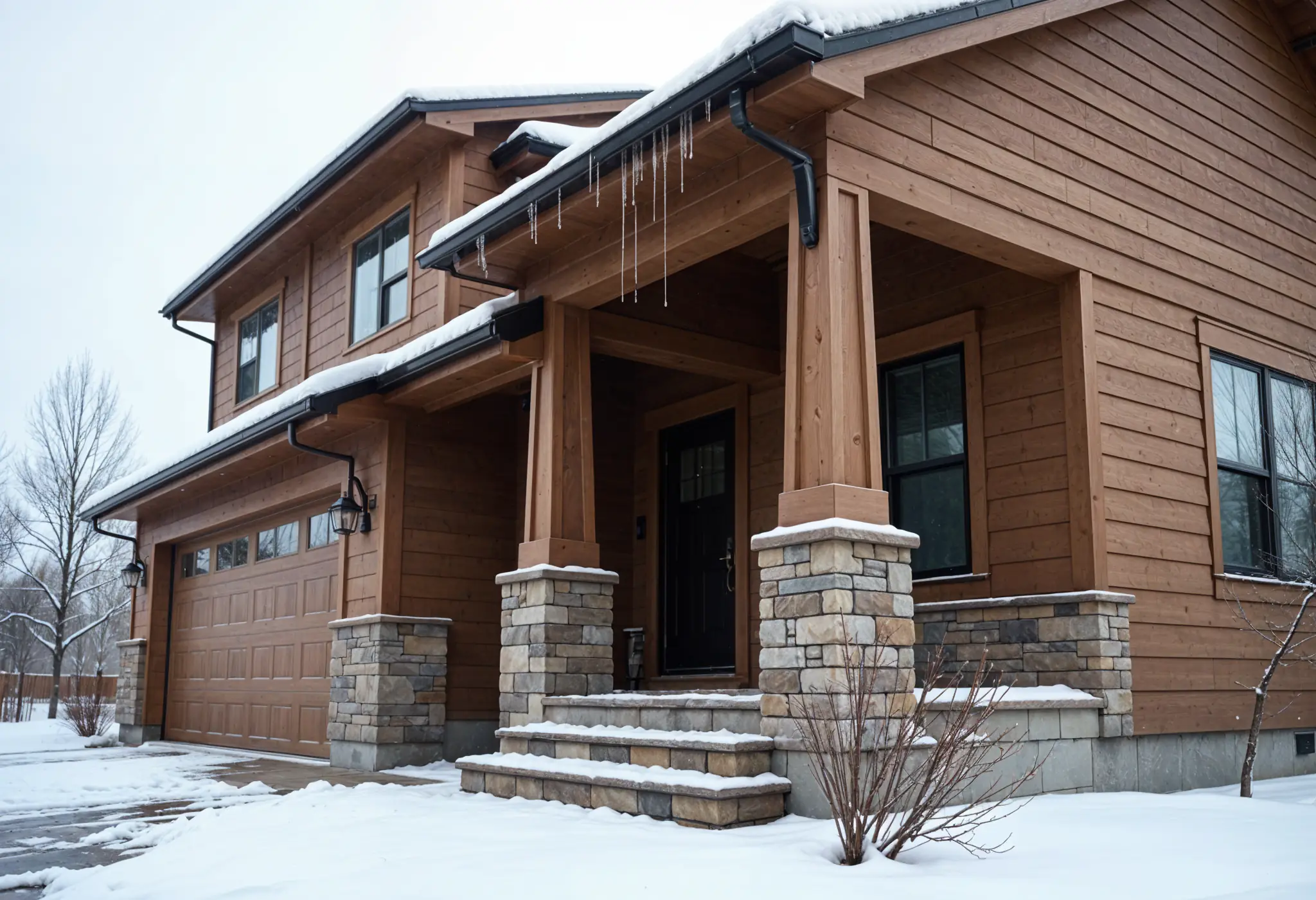 New home with wood-look engineered siding and stone base in winter.